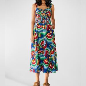 Farm Rio Chevron Toucan Twisted Bust Smocked Midi Dress Size Small